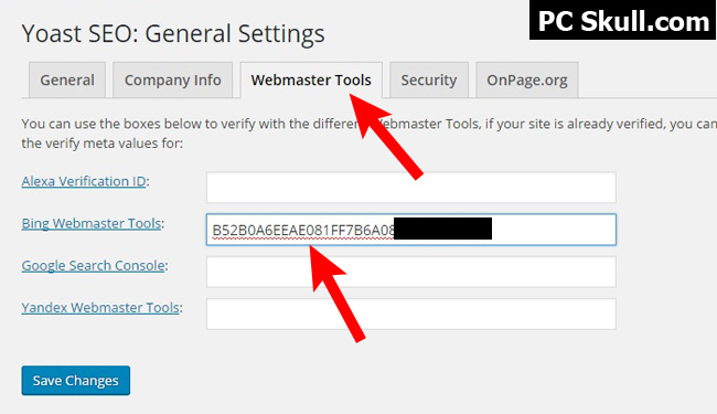 paste bing verification code in yoast setting