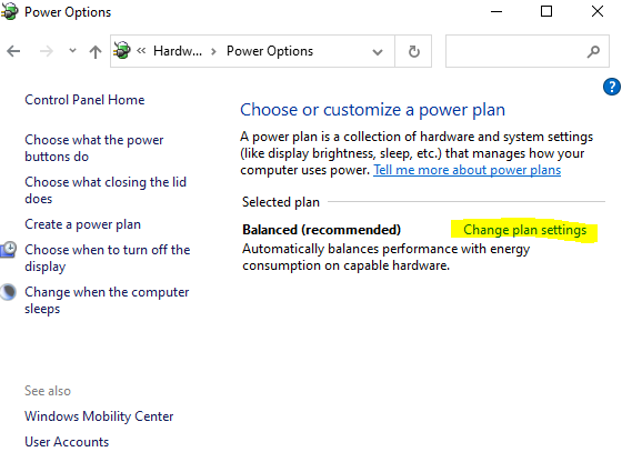 power plan setting windows hp